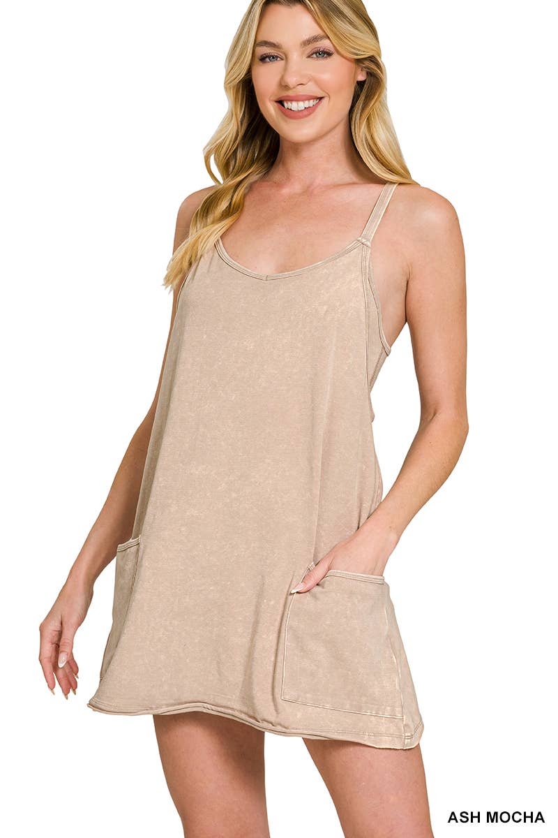 `Washed Double Gauze Tie Back Rompers w/ Pockets