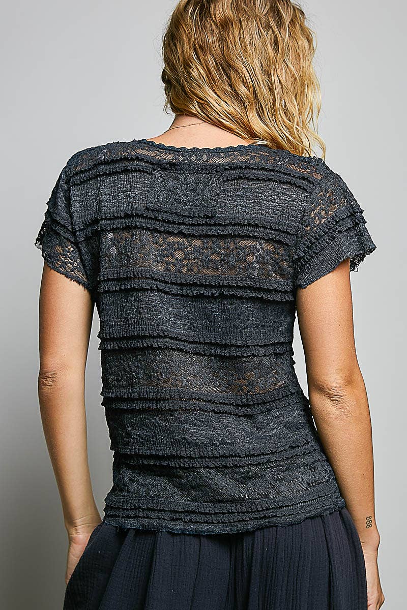 Feminine Lace V Neck Short Sleeve Top Trim Raw Edge