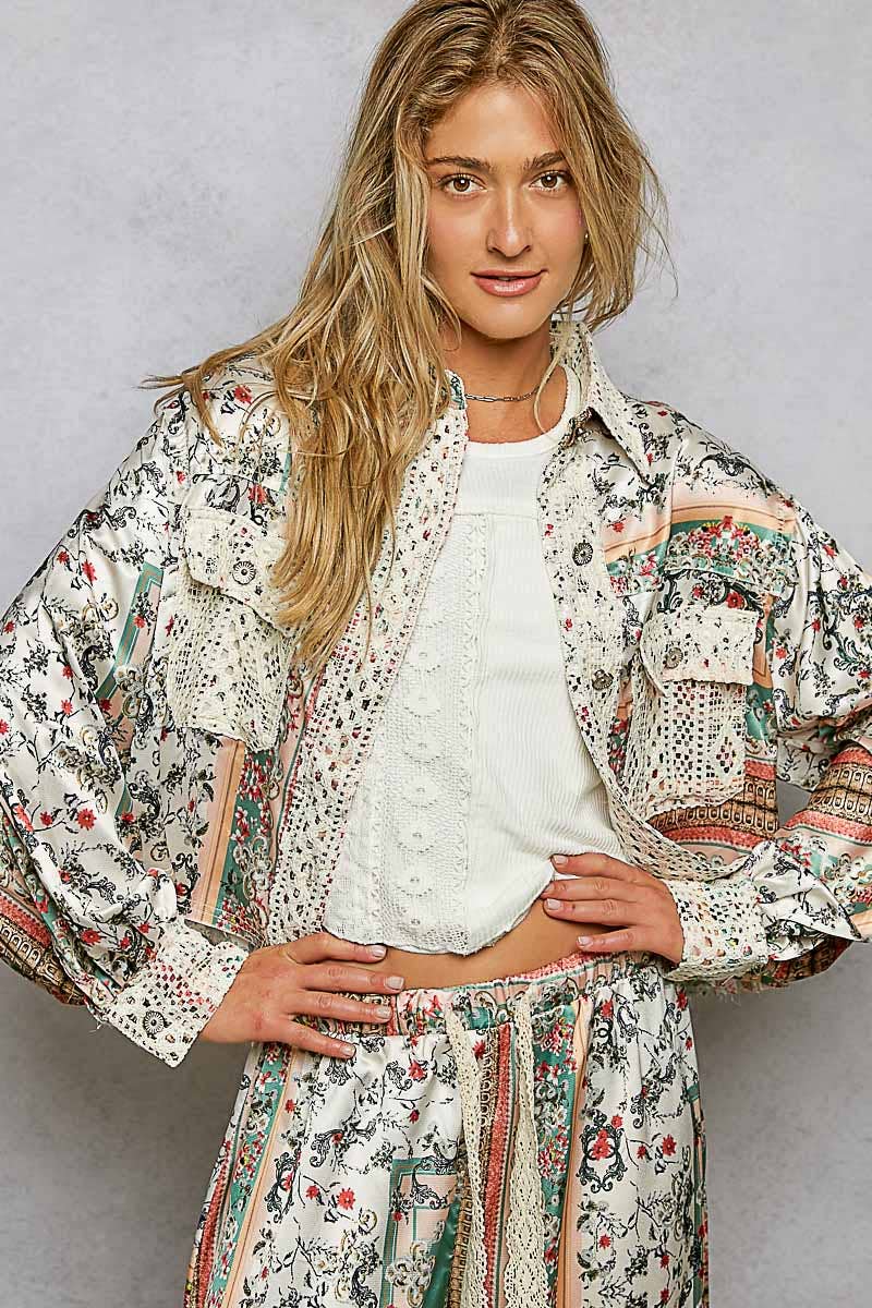 Crochet lace patch floral jacket top
