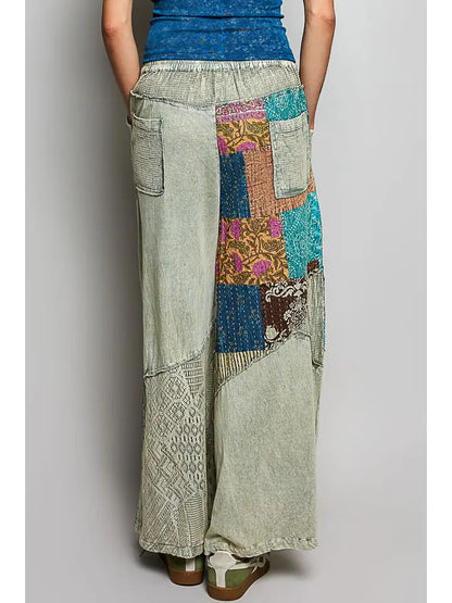 Relaxed fit patchwork woven wide leg Pants
