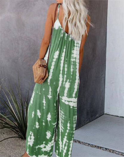 Pink / S Summer suspender wide-leg pants women print bib jumpsuit: