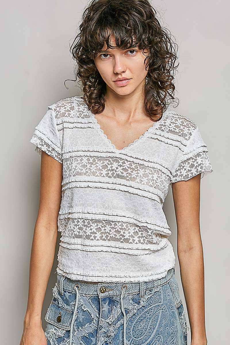 Feminine Lace V Neck Short Sleeve Top Trim Raw Edge