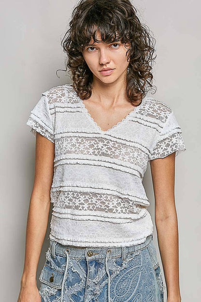 Feminine Lace V Neck Short Sleeve Top Trim Raw Edge