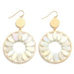 White Metal Drop Earrings With Iridescent Beaded Flower Petals