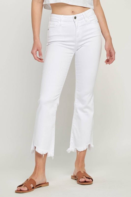 White Frayed Hem Cropped Flare Jeans