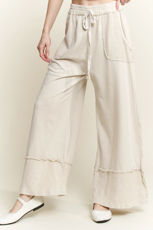 Mineral Wash Wide Pants with raw hem frayed details JHer