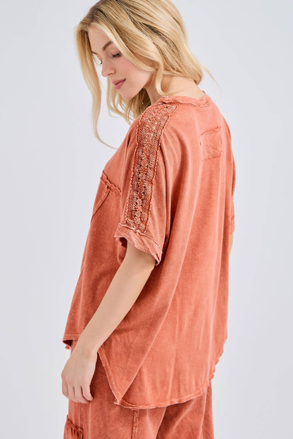 Mineral Washed Relaxed Fit Tee with Crochet Detail HT6312 Shirt
