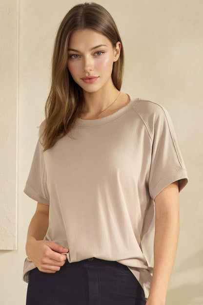 Yelete Ribbed Relaxed Fit Crew Neck Top Shirt
