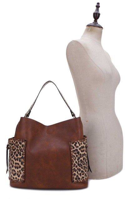 EJ95037L3 Mina Leopard 3 Piece Bag Set: Tan