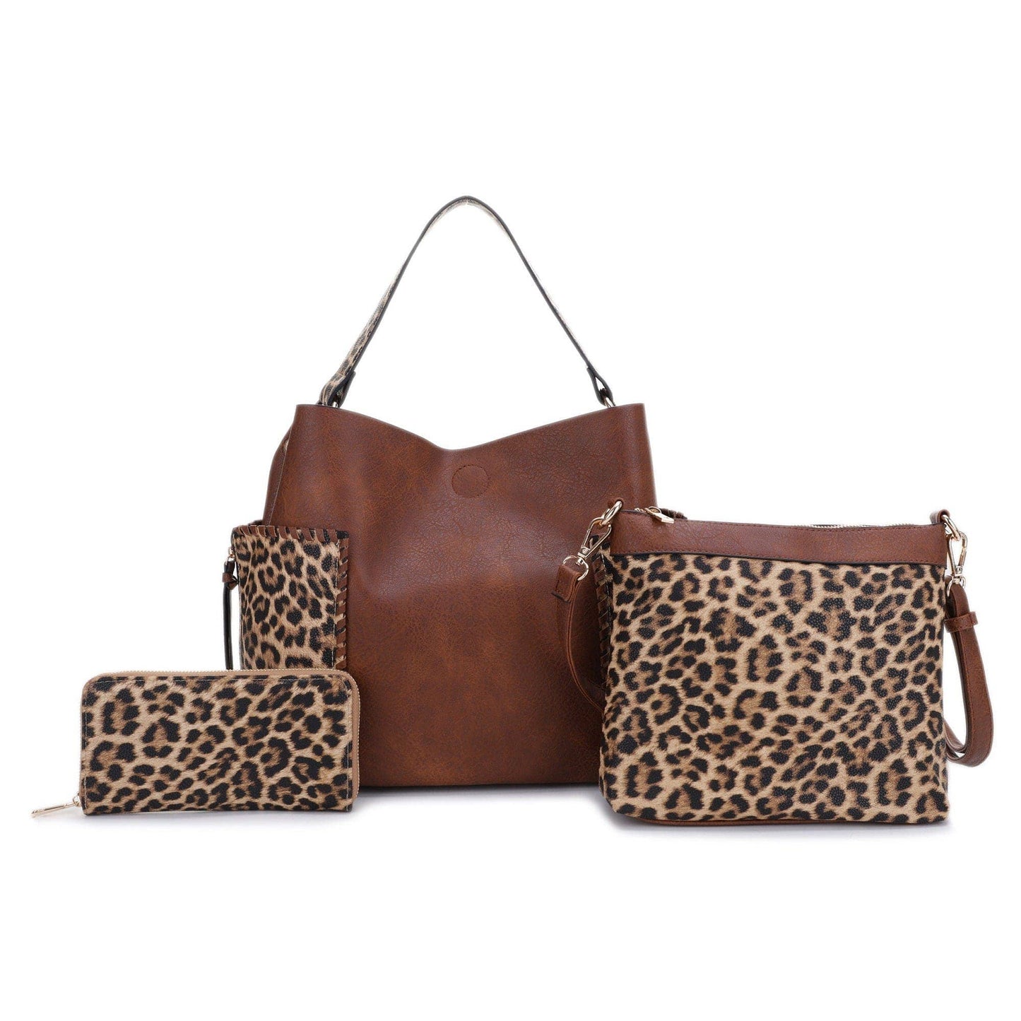 EJ95037L3 Mina Leopard 3 Piece Bag Set: Tan