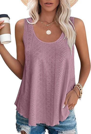 White / L Eyelet basic loose overfit cozy summer tank top: