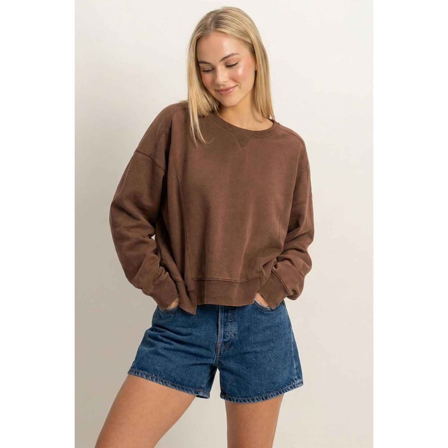 Acid Wash Seam Detail Crew Neck Sweatshirt DZ26A655