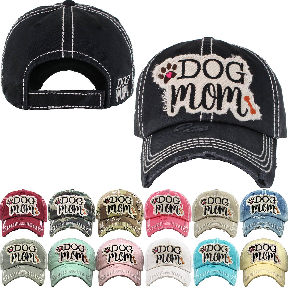 DOG MOM WASHED VINTAGE BALLCAP: BLK