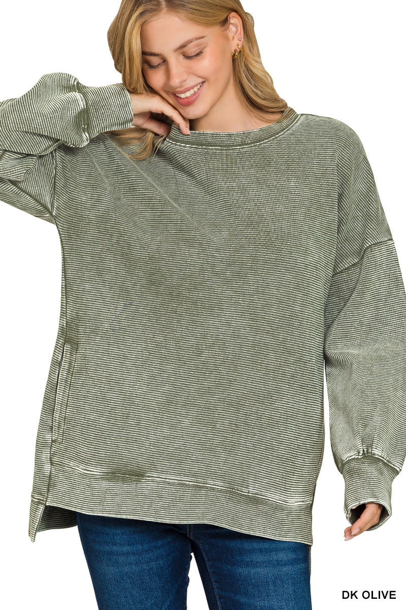 Zenana Acid Washed Double Ribbed Hi-Low Pullover Sweatshirt