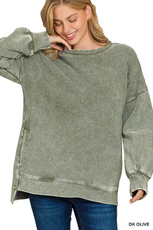 Zenana Acid Washed Double Ribbed Hi-Low Pullover Sweatshirt