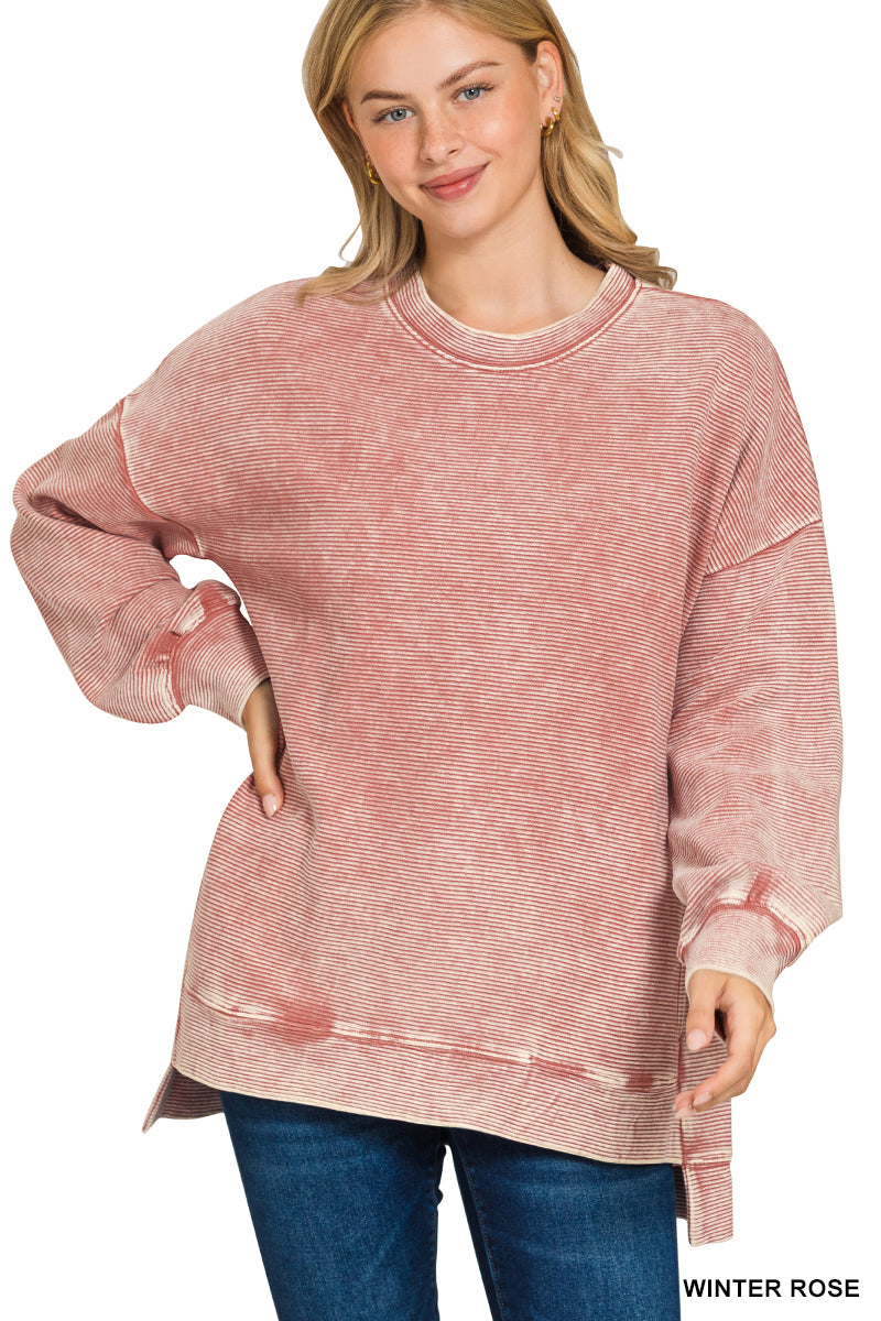 Zenana Acid Washed Double Ribbed Hi-Low Pullover Sweatshirt