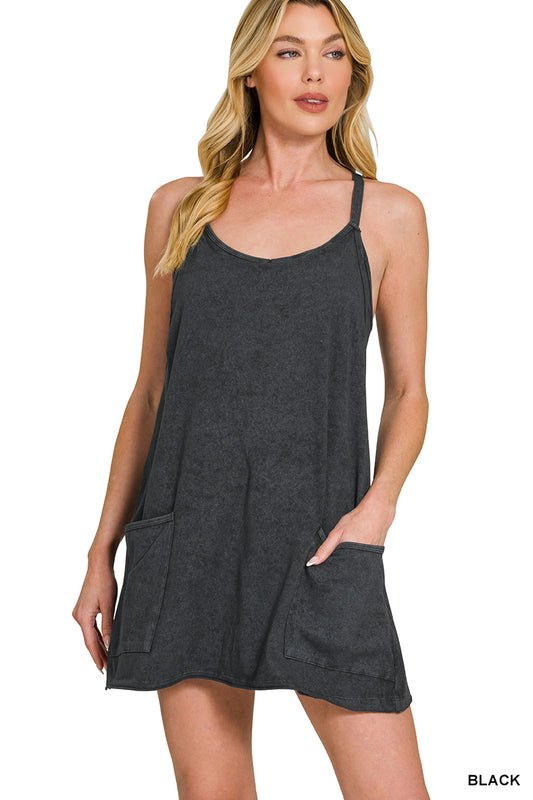 Zenana 3406 Acid-Washed Mini Dress with Built-In Romper Liner