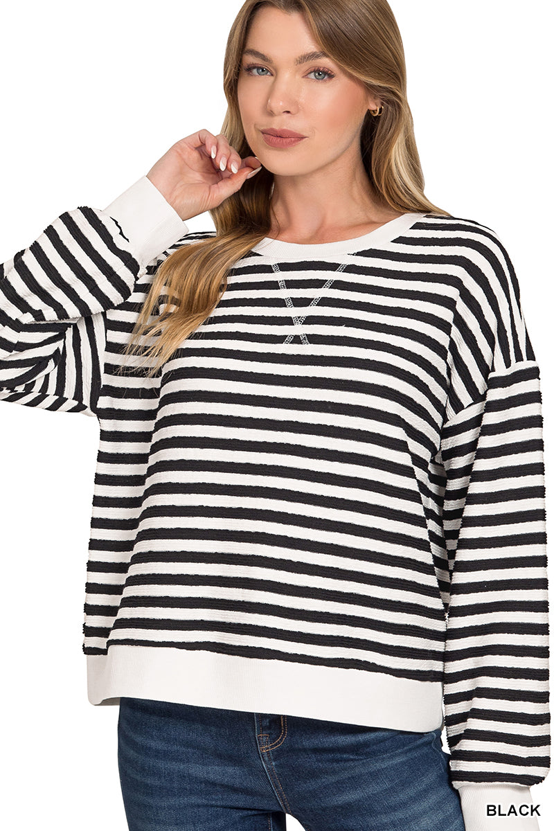 Zenana Striped Rib Banded Pullover 3483