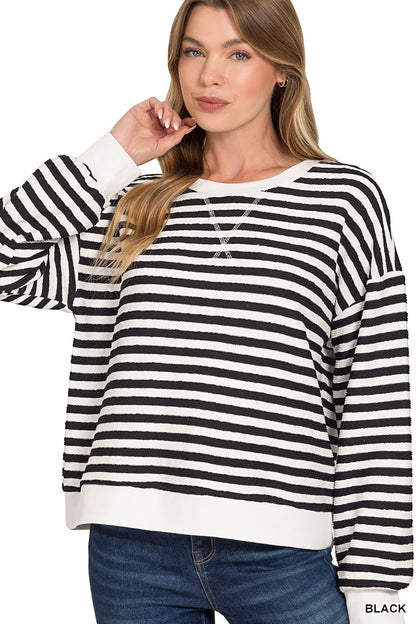 Zenana Striped Rib Banded Pullover 3483