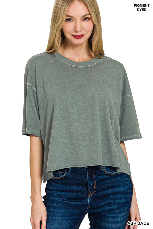 Zenana Pigment Dye & Enzyme Washed Oversized Crop Box Tee Shirt