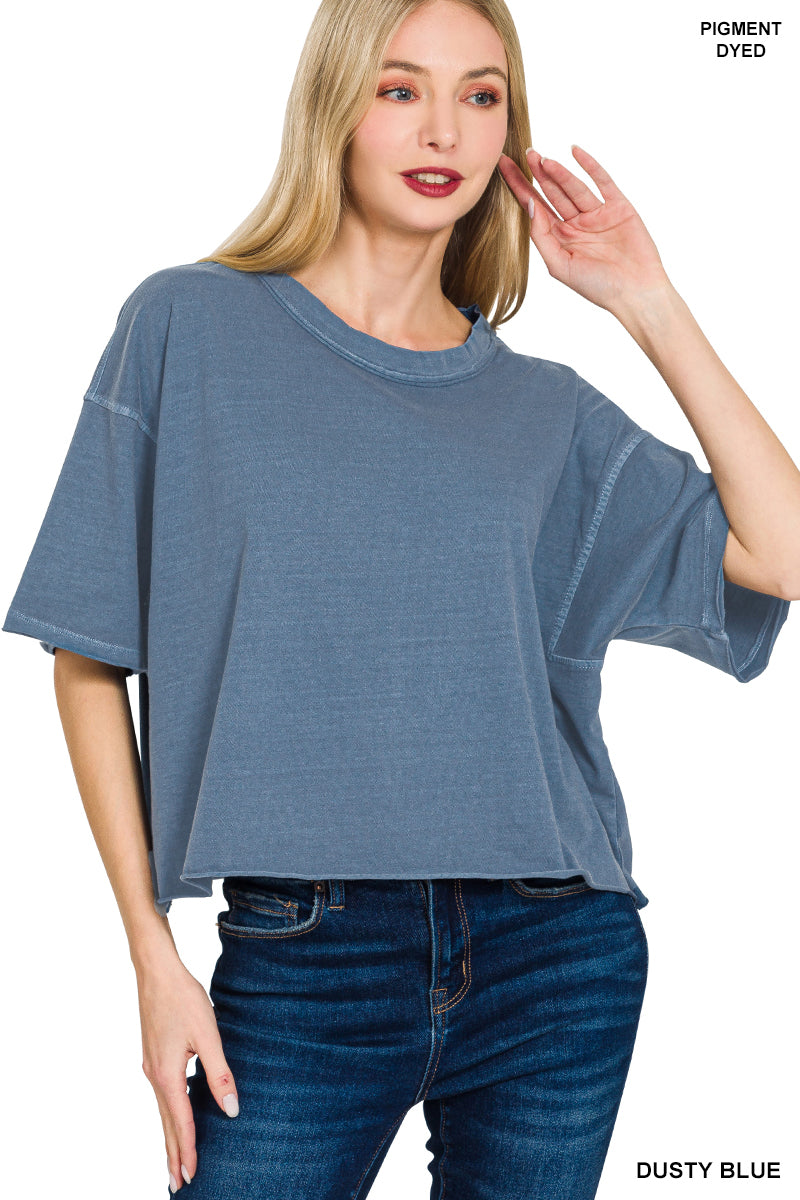 Zenana Pigment Dye & Enzyme Washed Oversized Crop Box Tee Shirt