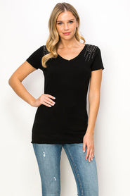 Vocal Black embellished V Neck Short Sleeve Top Shirt