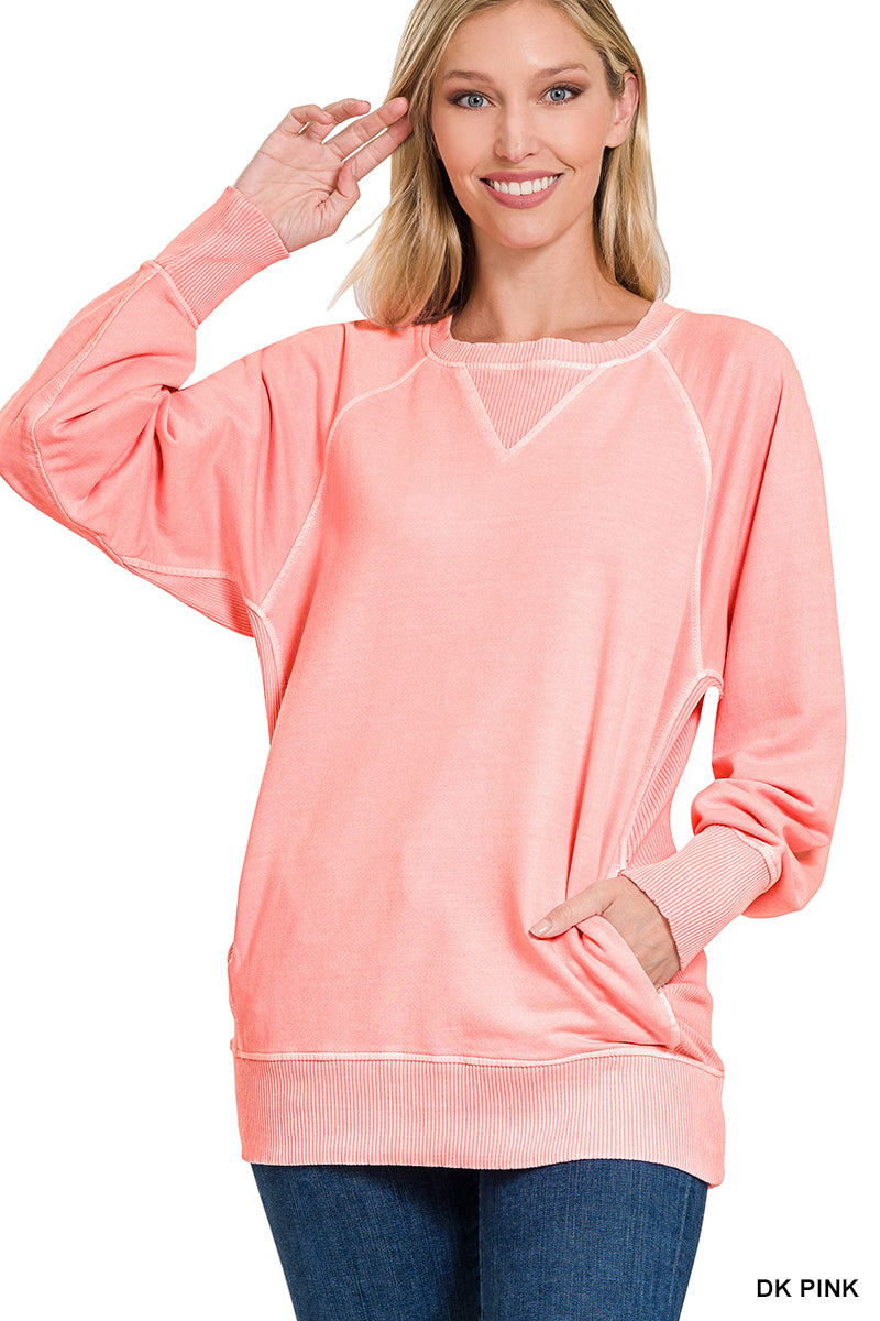 Pigment Dyed French Terry Pullover with Pockets Sweatshirt Zenana