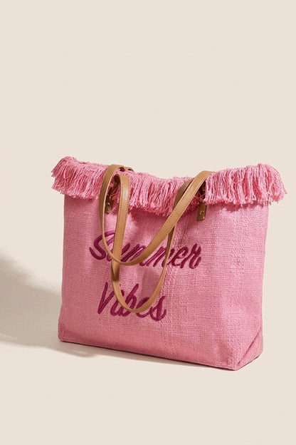 Summer Vibes Canvas Tote With Fringe Bag