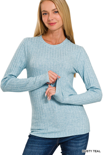 Ribbed Long Sleeve Round Neck Top Shirt Zenana