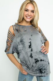 Vocal Tie dye laser cut sleeve top with stone Details Shirt