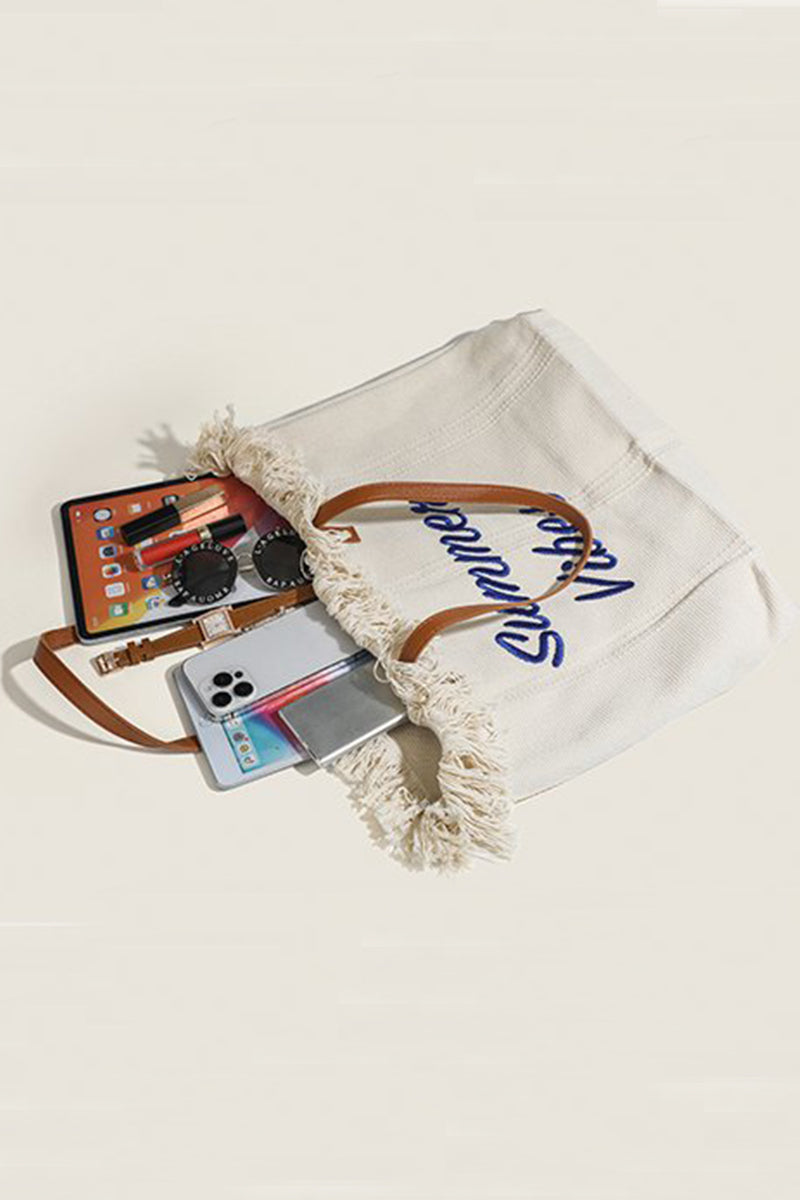 Summer Vibes Canvas Tote With Fringe Bag