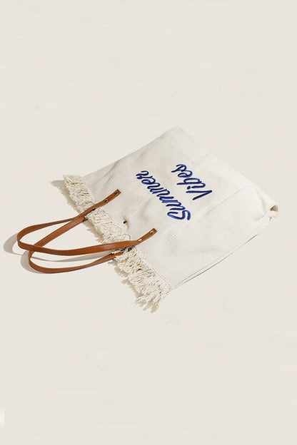 Summer Vibes Canvas Tote With Fringe Bag