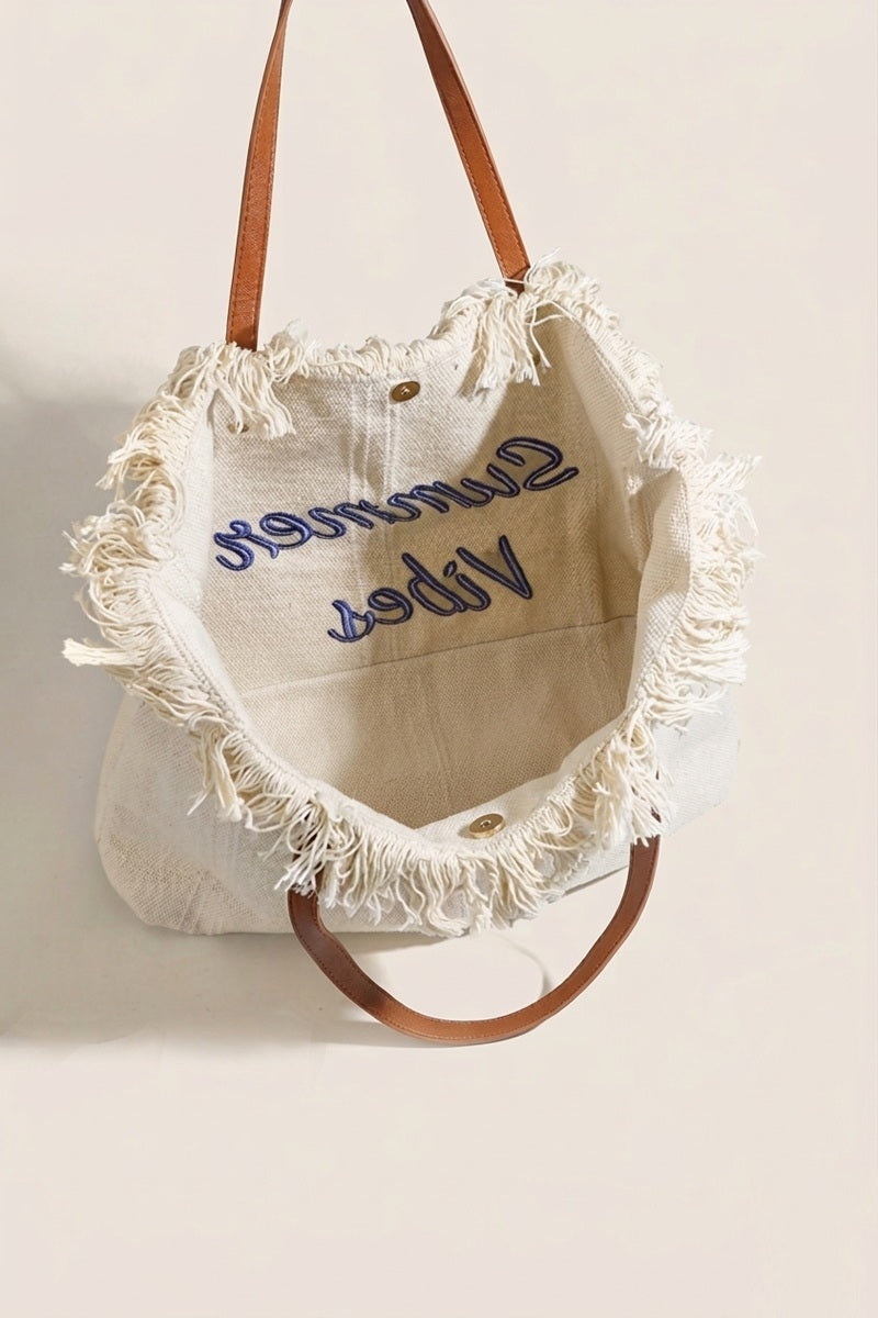 Summer Vibes Canvas Tote With Fringe Bag