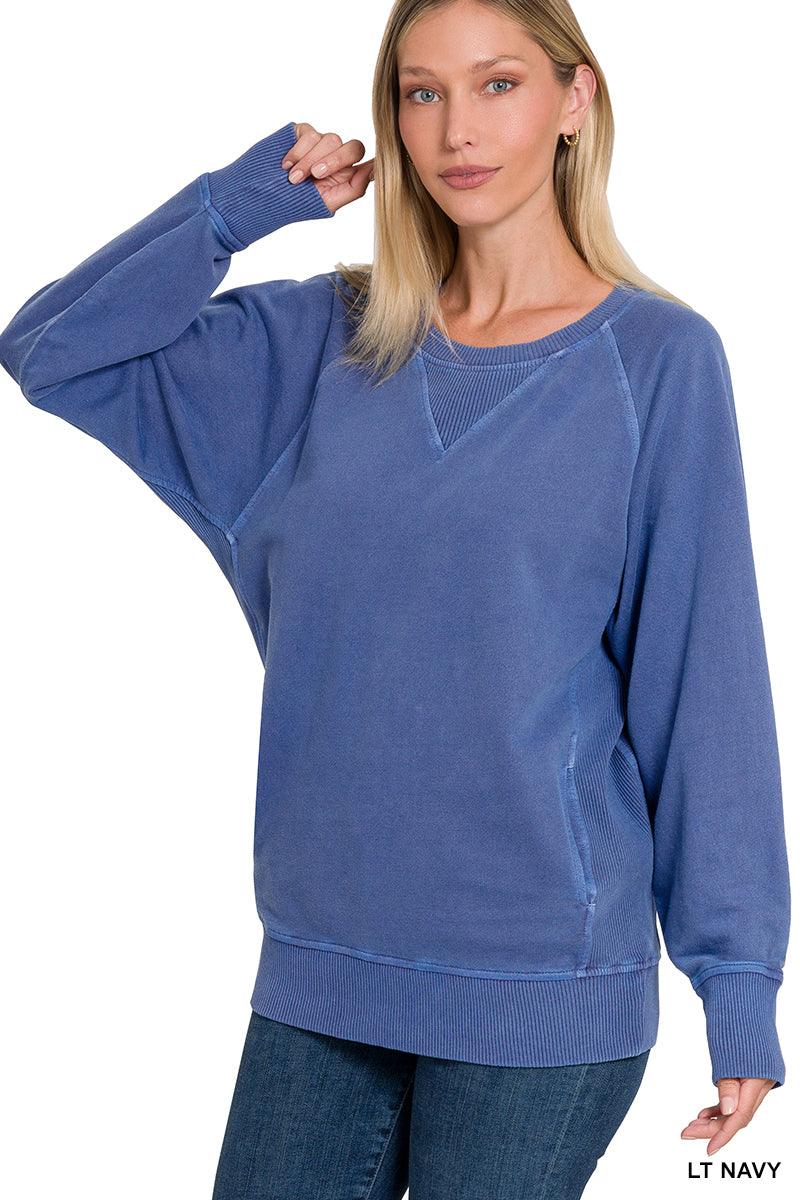 Pigment Dyed French Terry Pullover with Pockets Sweatshirt Zenana