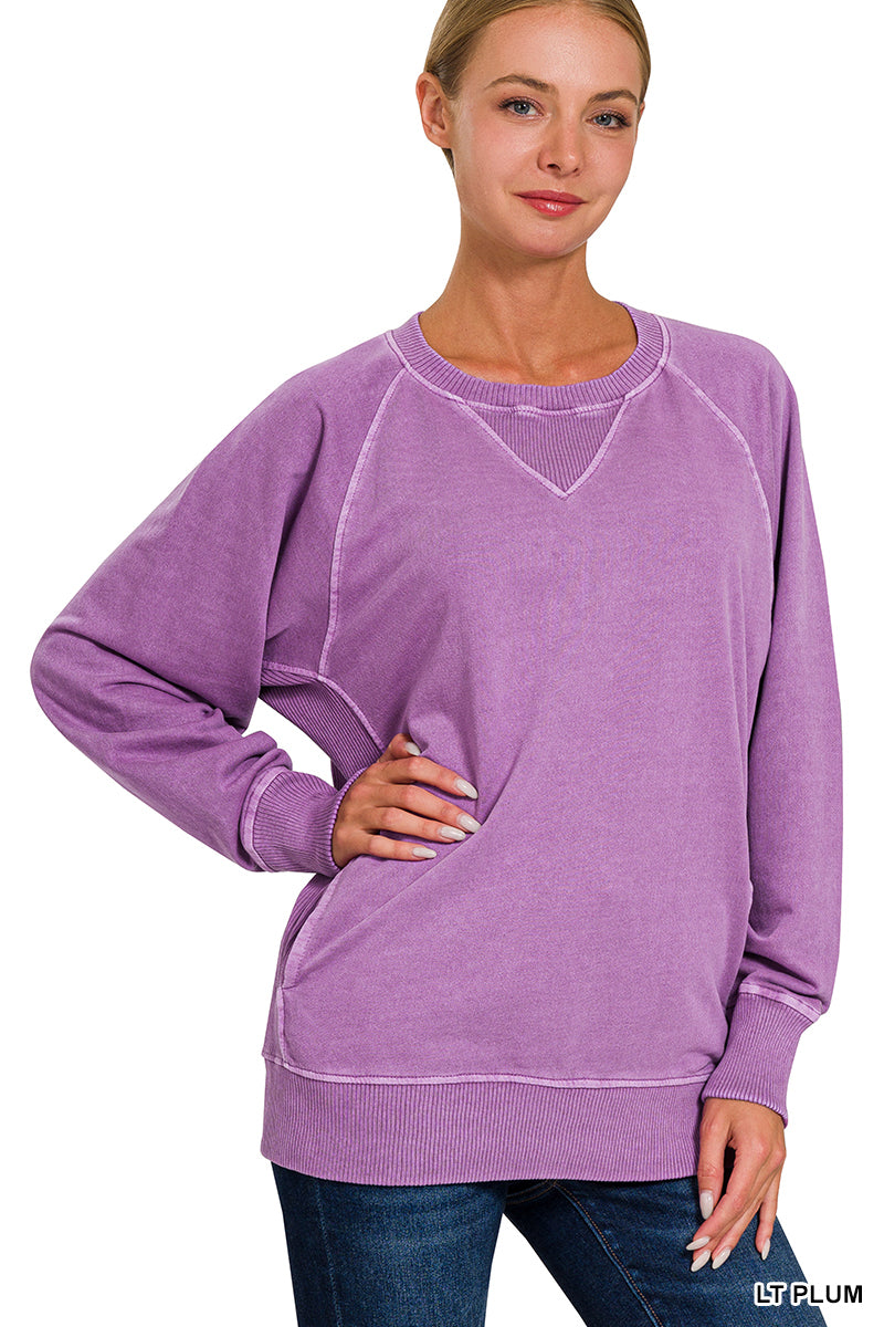 Pigment Dyed French Terry Pullover with Pockets Sweatshirt Zenana