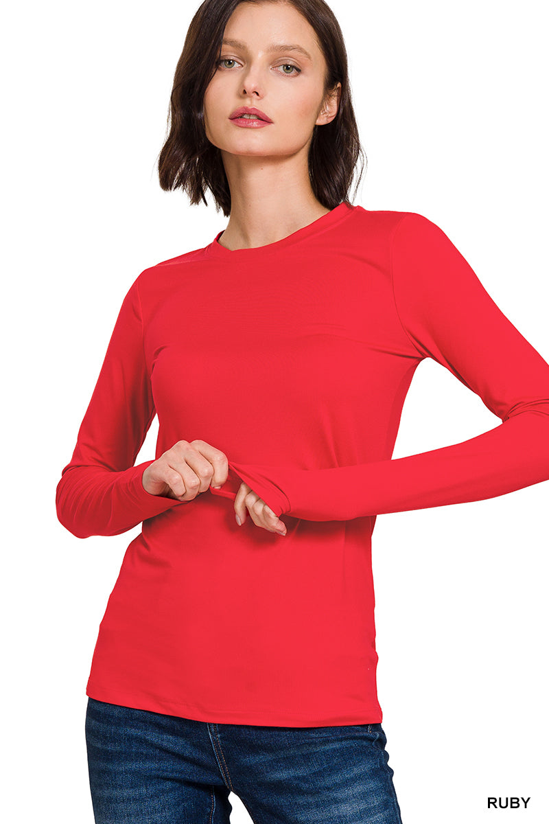 Brushed Microfiber Long Sleeve Round Neck Basic Tee T Shirt