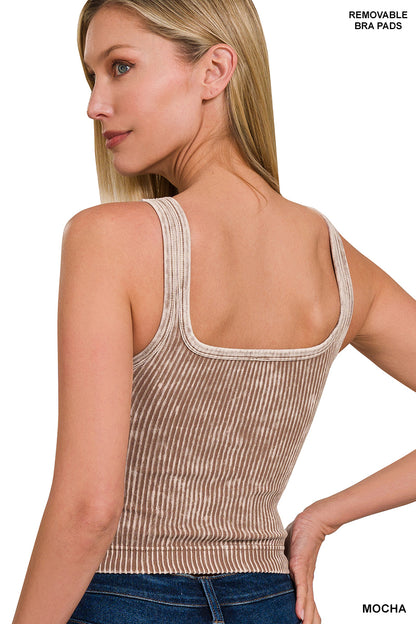 Washed Ribbed Seamless Bra padded v-neck tank top Zenana