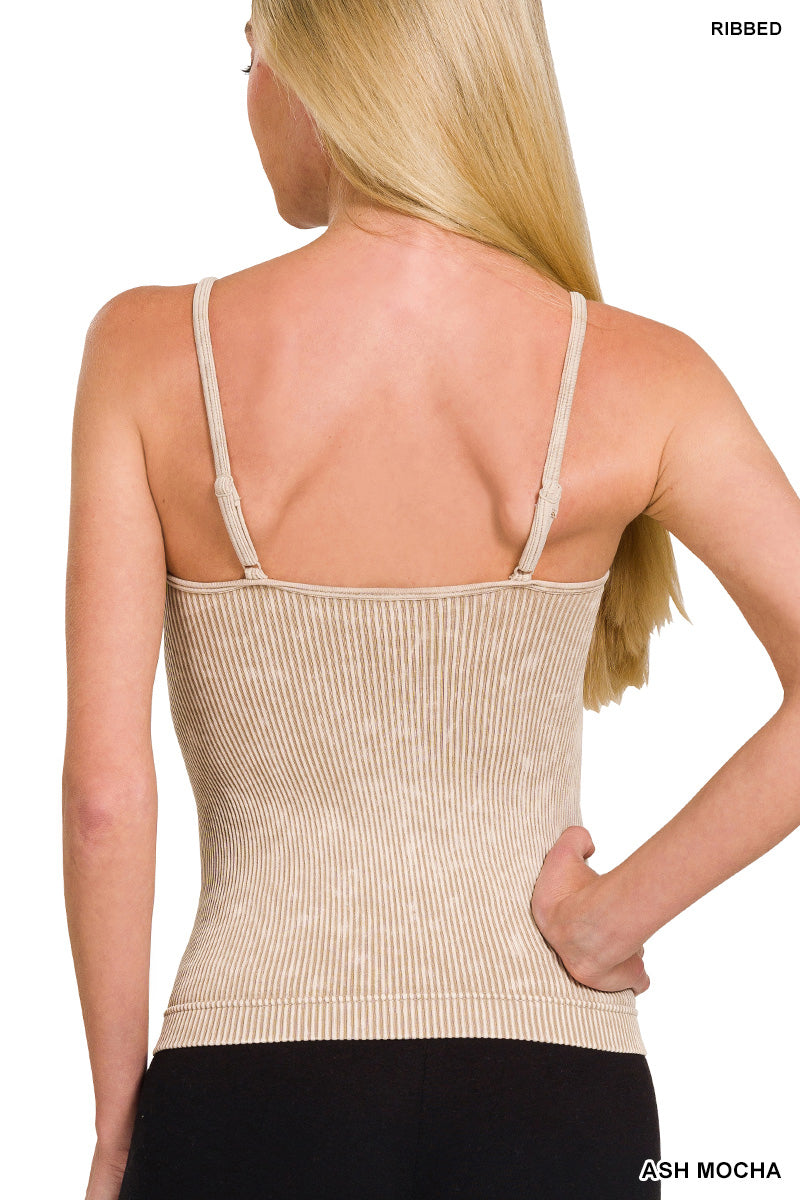 Zenana Stone-Washed Ribbed Seamless Tank Top w/ Removable Pads