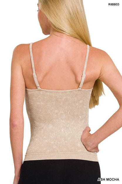 Zenana Stone-Washed Ribbed Seamless Tank Top w/ Removable Pads