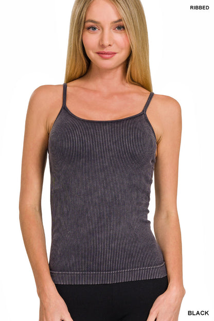 Zenana Stone-Washed Ribbed Seamless Tank Top w/ Removable Pads