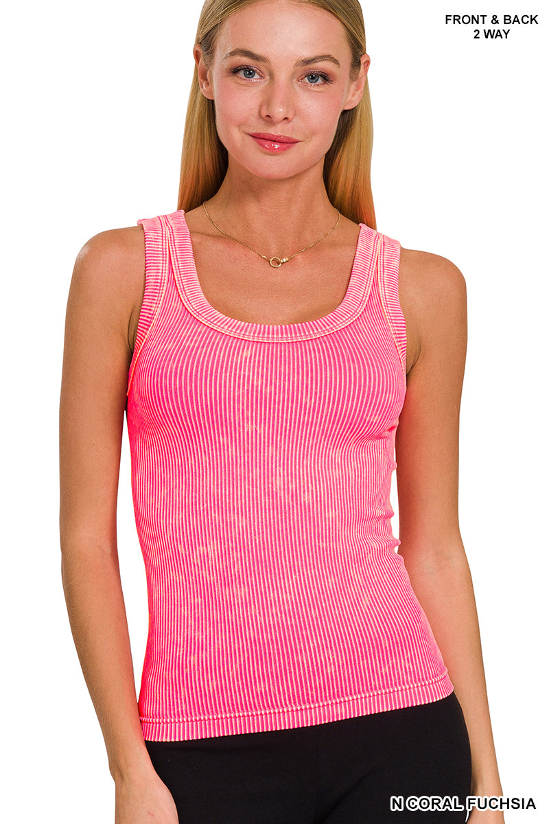 2 way neckline washed ribbed cropped tank top scoop & boat neck Zenana