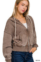 Acid Wash Fleece Cropped Zip Up Hoodie with Pockets Zenana