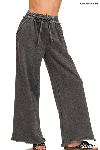 Acid Wash Fleece Palazzo Sweatpants with Pockets Zenana Wide Leg