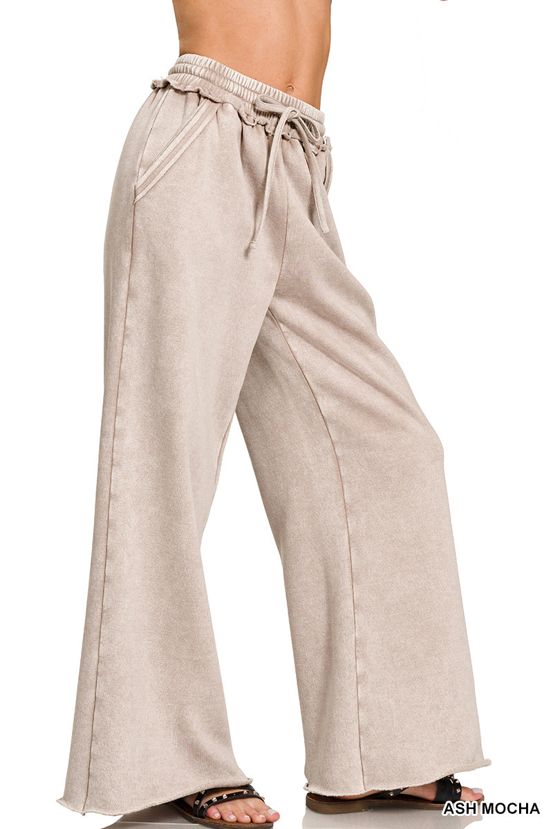 Acid Wash Fleece Palazzo Sweatpants with Pockets Zenana Wide Leg