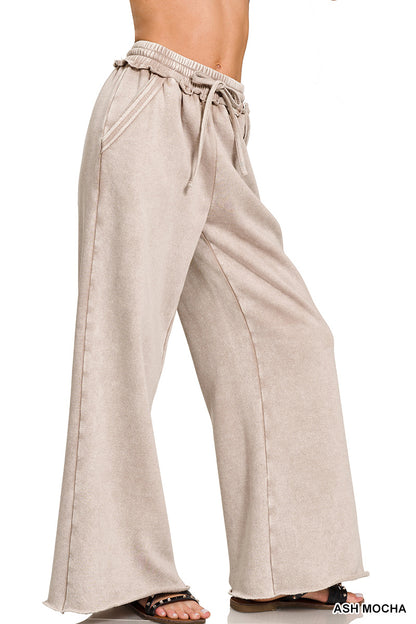 Acid Wash Fleece Palazzo Sweatpants with Pockets Zenana Wide Leg