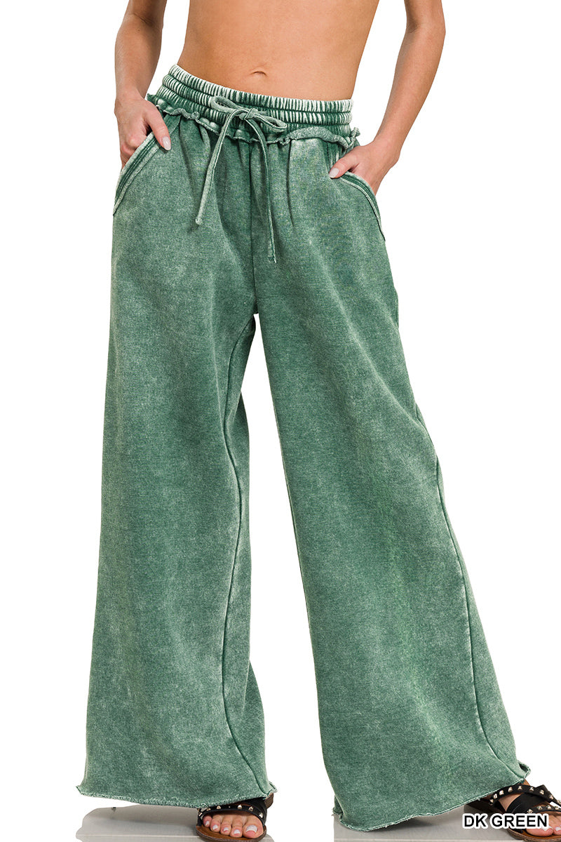 Acid Wash Fleece Palazzo Sweatpants with Pockets Zenana Wide Leg