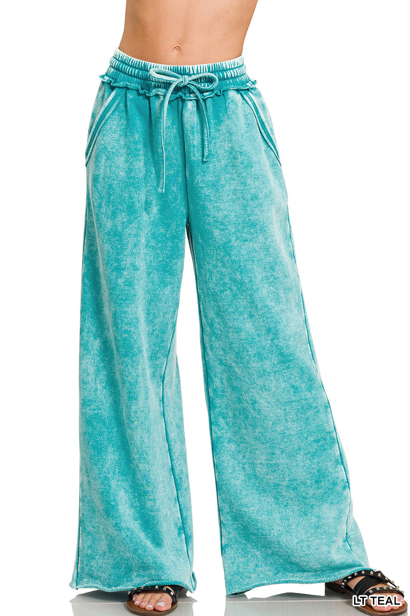 Acid Wash Fleece Palazzo Sweatpants with Pockets Zenana Wide Leg