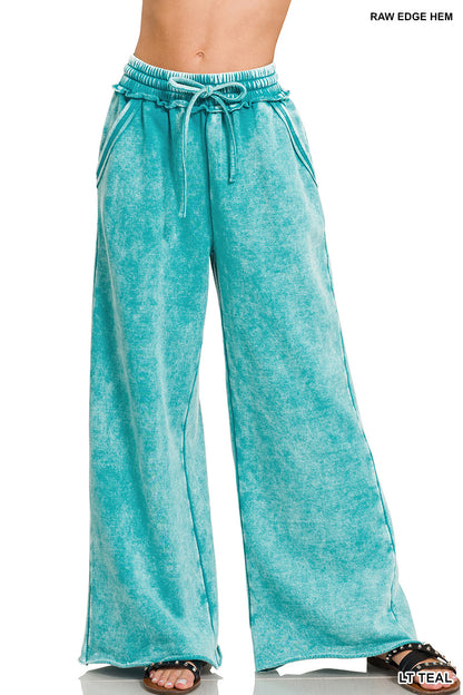 Acid Wash Fleece Palazzo Sweatpants with Pockets Zenana Wide Leg