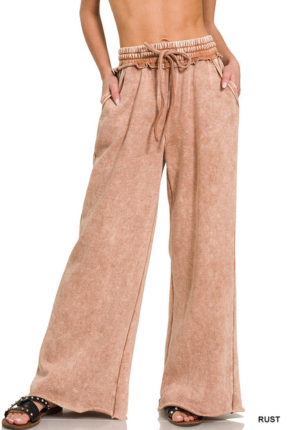 Acid Wash Fleece Palazzo Sweatpants with Pockets Zenana Wide Leg