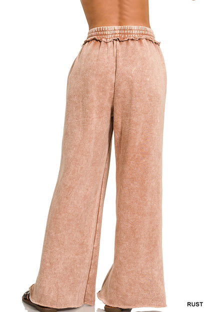 Acid Wash Fleece Palazzo Sweatpants with Pockets Zenana Wide Leg